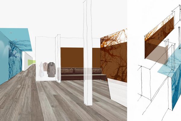 Raumvisualisierung mit blauen und braunen Baummotiven für das Alexianer Krankenhaus
